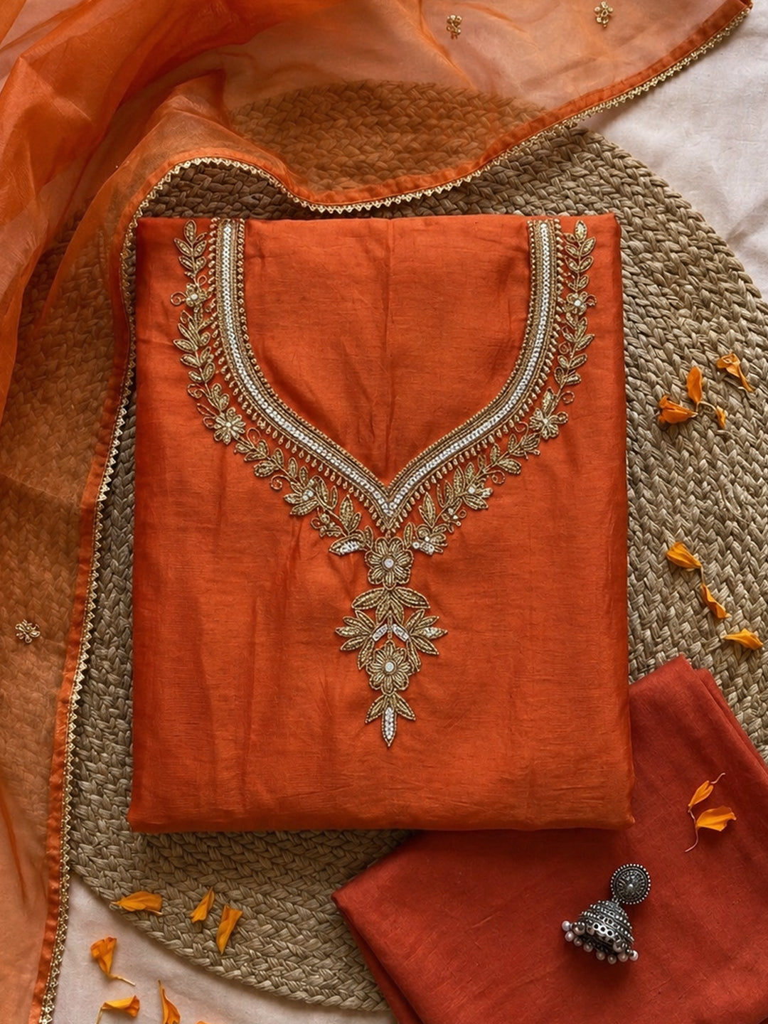 Saffron Glow Hand Embroidered Suit Set with Floral Zardozi & Pearl Detailing