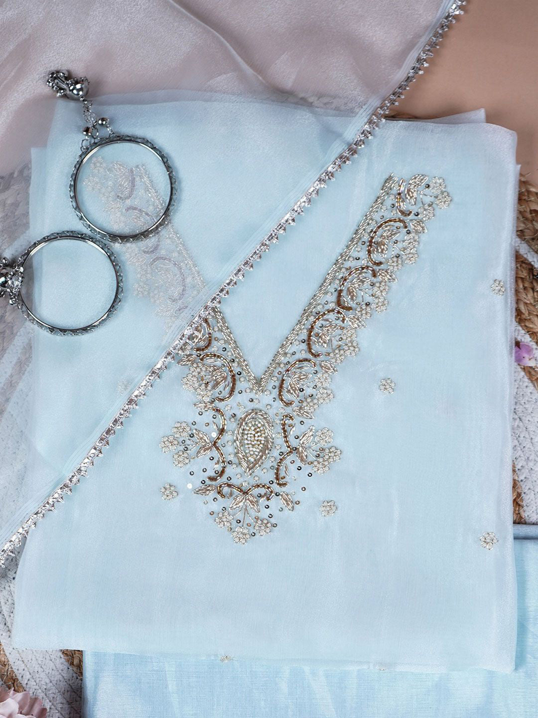 Riva Ice Blue Zari & Sequins Embellished Unstitched Suit Set