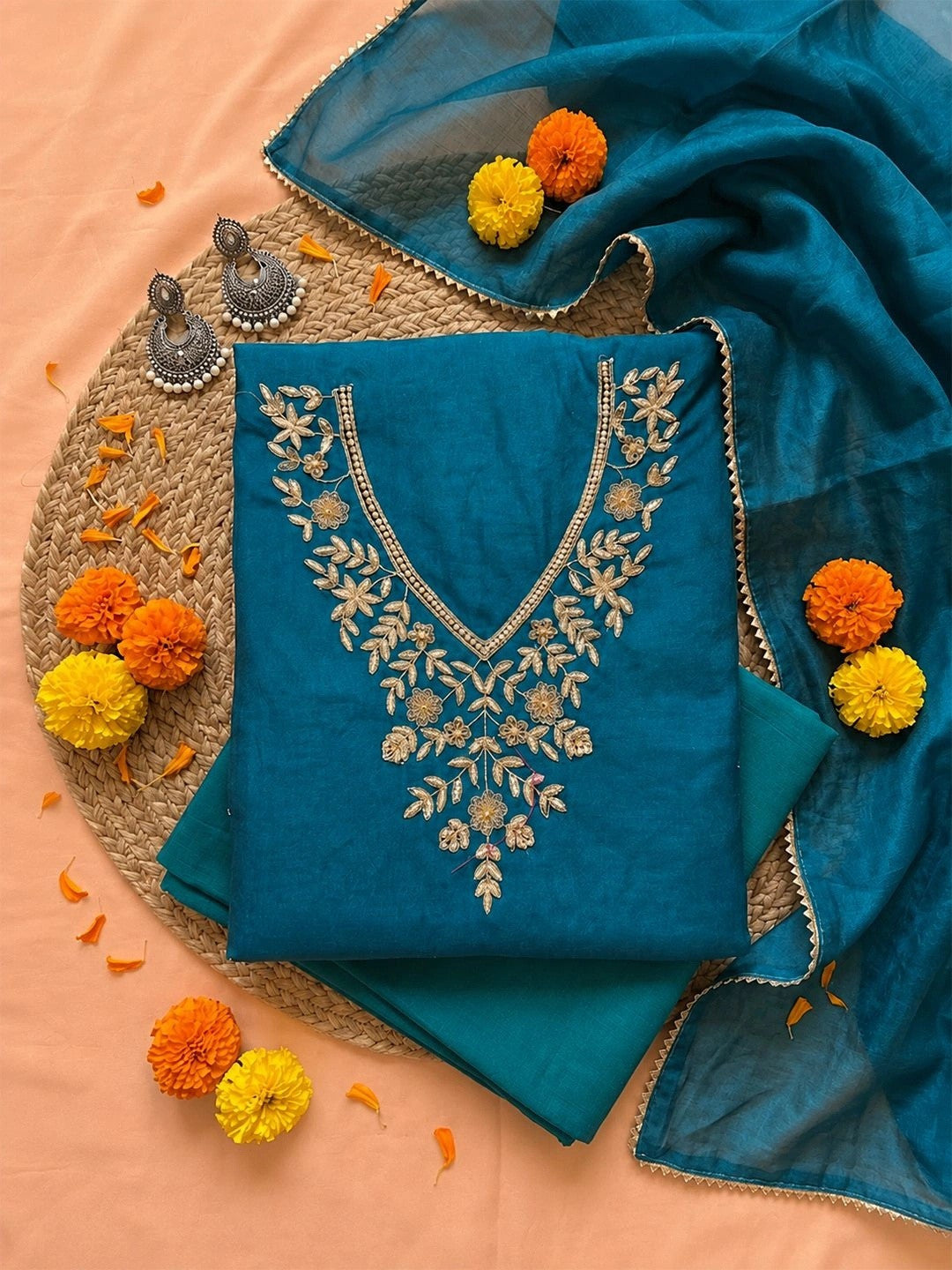 Firoza Unstitched Suit Set with Floral Zardozi Work