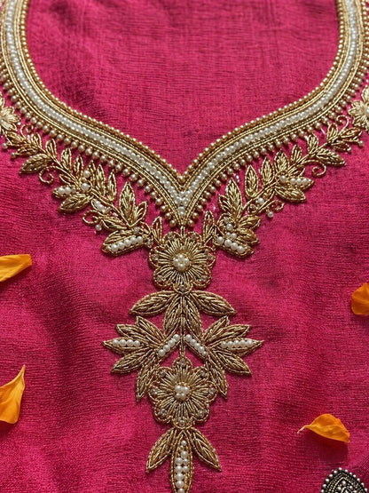Rani Pink Unstitched Suit Set with Floral Zardozi Work