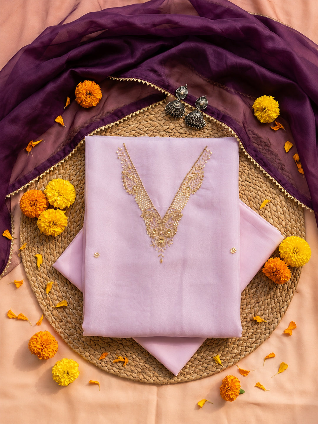 Lavender Unstitched Suit with Handcrafted Zardozi and Pearl Work