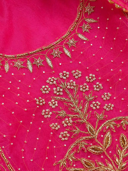 Fuchsia Pink Unstitched Suit Set with Floral Zardozi & Gota Patti Work