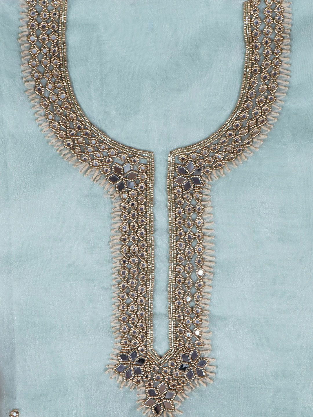 Sage Green Glow Pista Unstitch Suit with Exquisite Mirror Work Heritage Weave