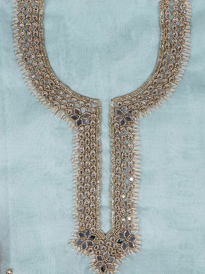 Sage Green Glow Pista Unstitch Suit with Exquisite Mirror Work Heritage Weave