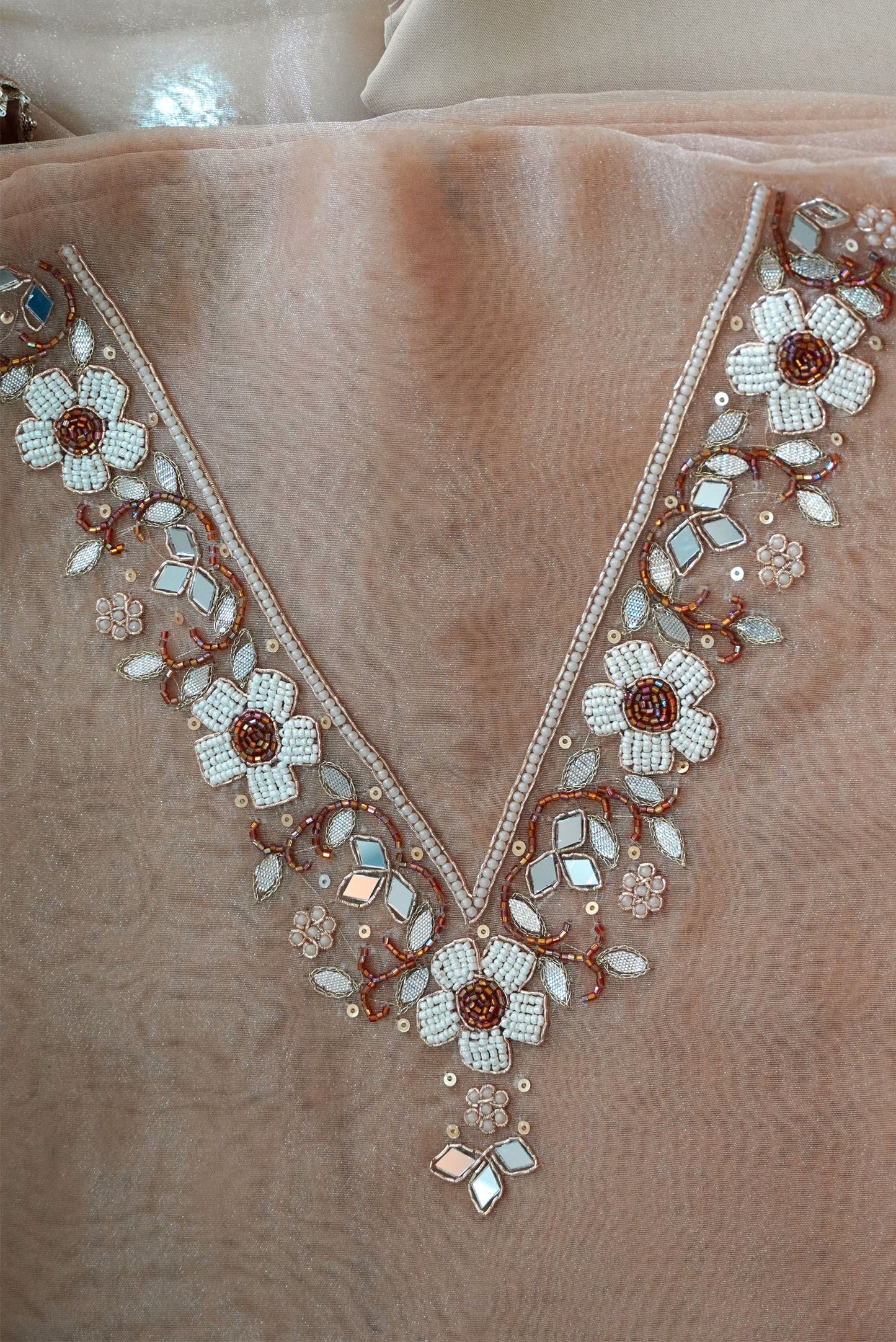Caramel Pearl Mirror Work Organza Unstitched Suit Set