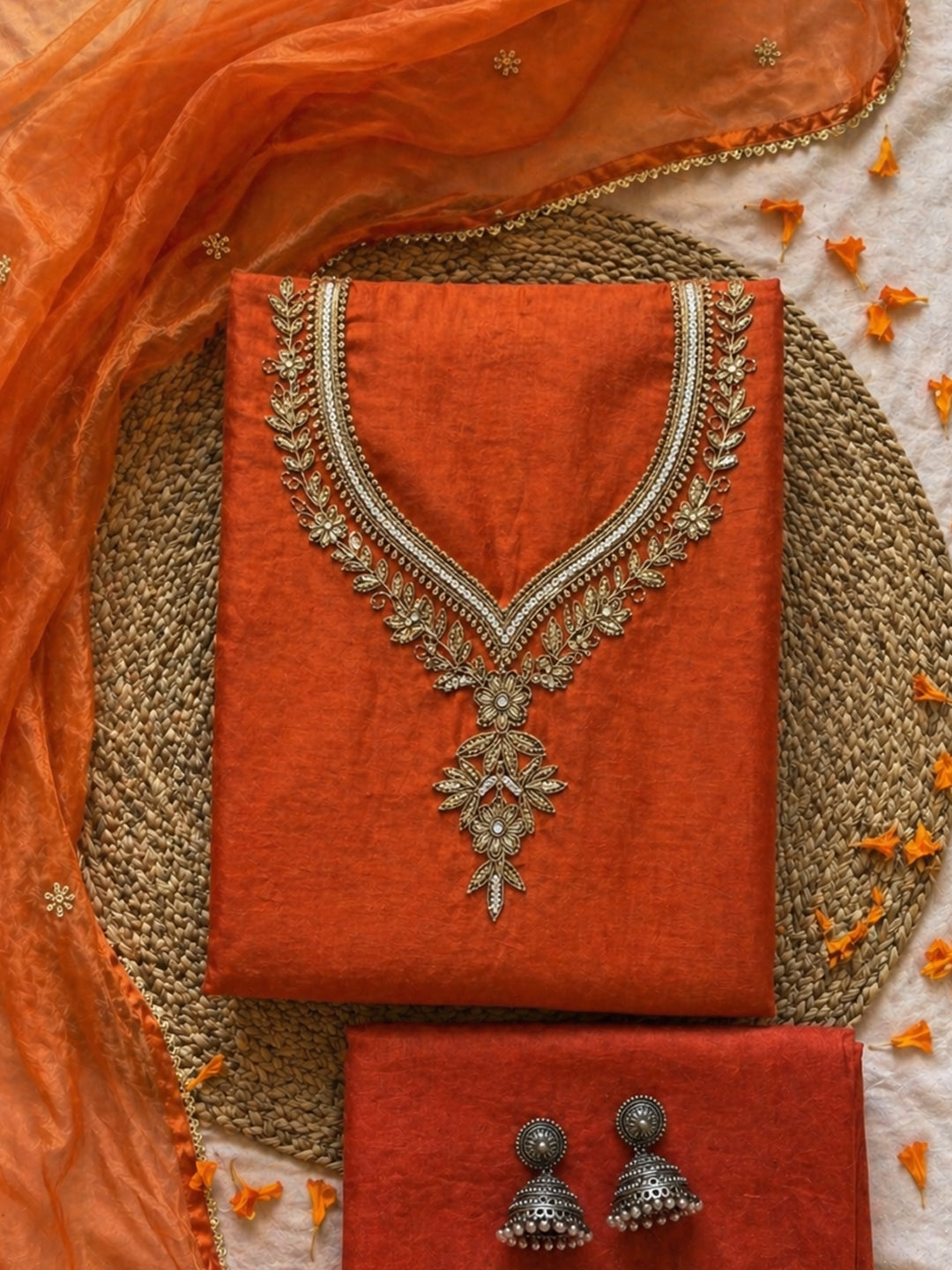 Saffron Glow Hand Embroidered Suit Set with Floral Zardozi & Pearl Detailing