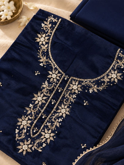 Saanjh Blue Unstitched Suit Set with Handcrafted Zardozi Work
