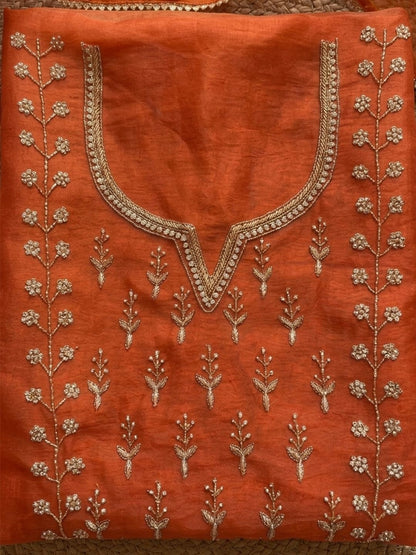 Rust Orange Glow Hand Embroidered Unstitched Suit with Zari & Sequin Work