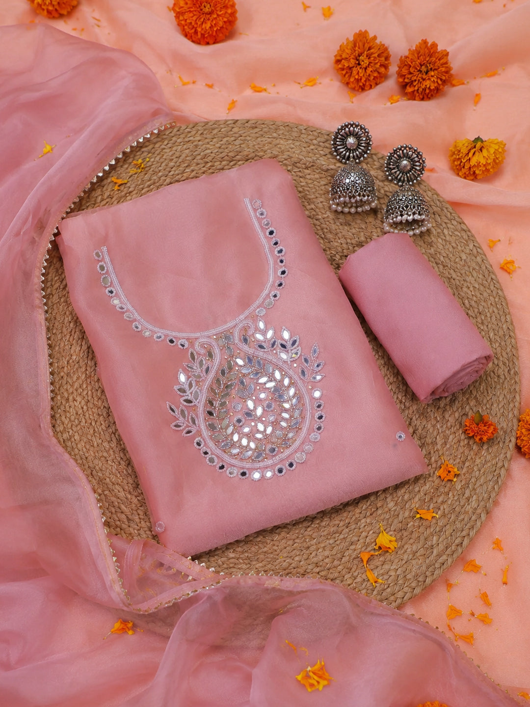 Varnika Pink Sandal Zari & Mirror Suit Set