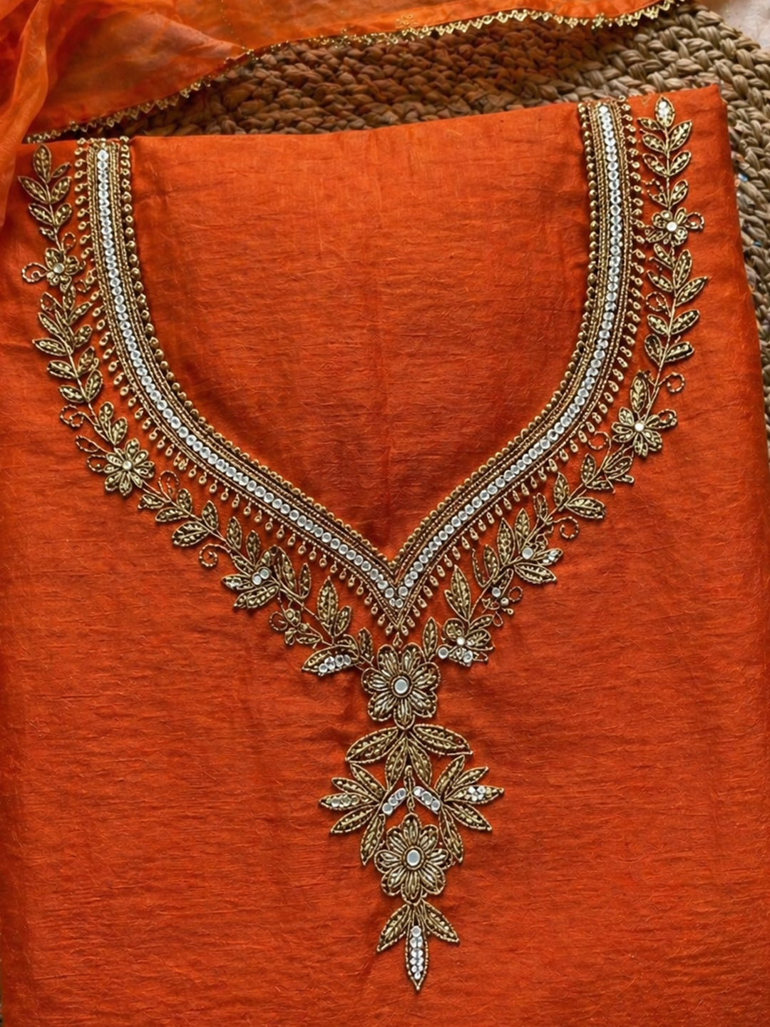 Saffron Glow Hand Embroidered Suit Set with Floral Zardozi & Pearl Detailing
