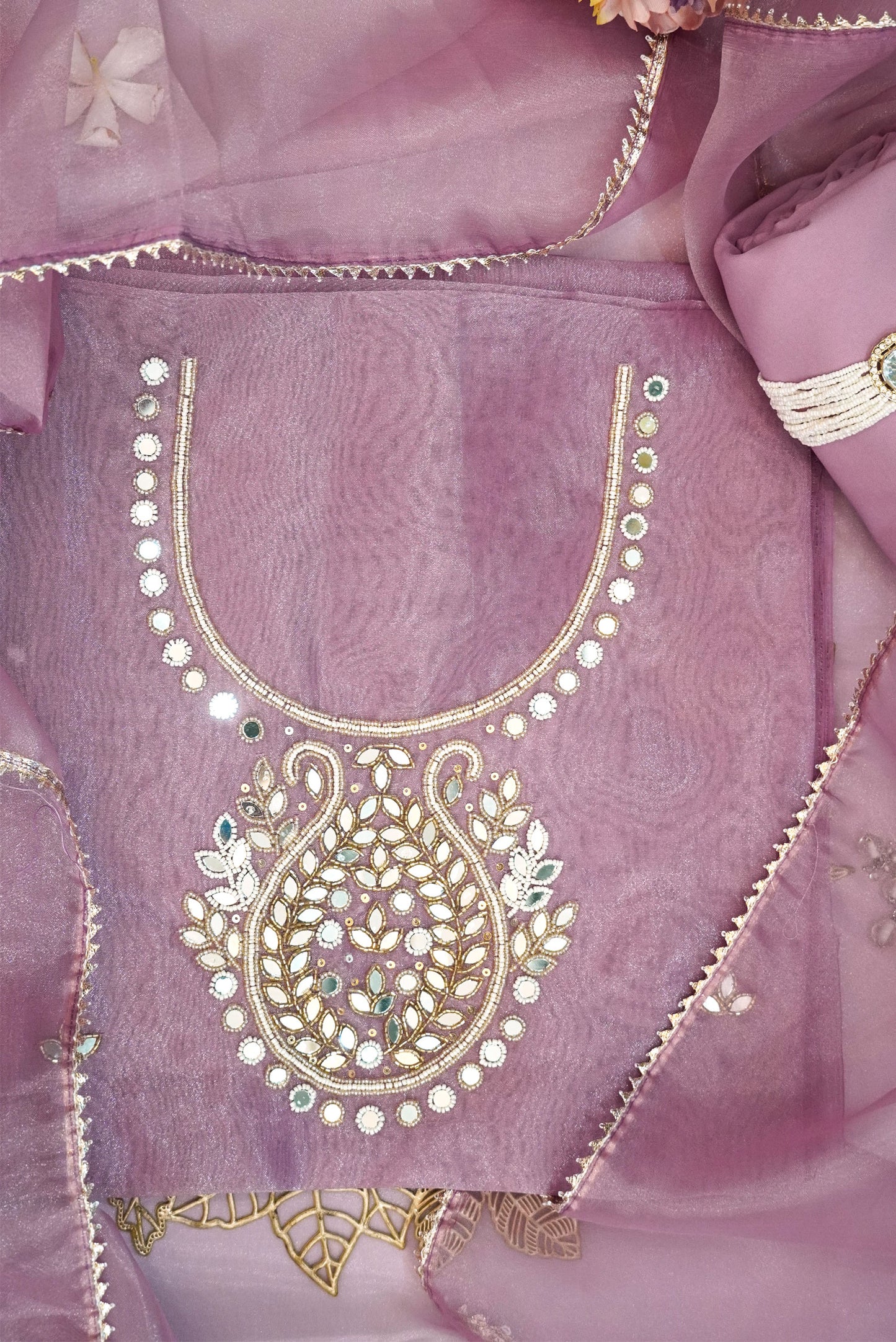 Varnika Pink Sandal Zari & Mirror Suit Set
