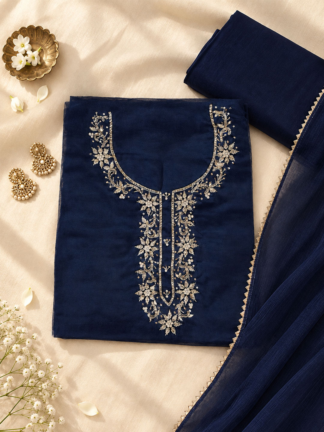 Saanjh Blue Unstitched Suit Set with Handcrafted Zardozi Work