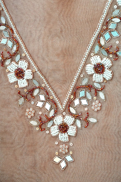 Caramel Pearl Mirror Work Organza Unstitched Suit Set