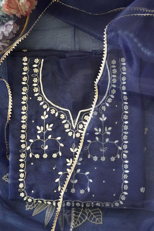 Ink Blue Unstitched Suit with Silver Zari and Sequin Floral Embroidery