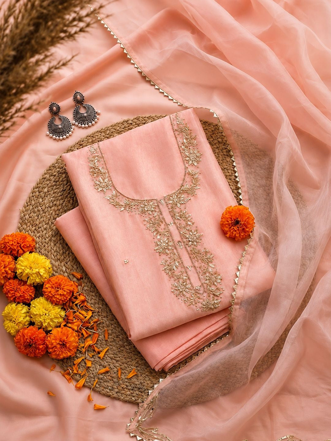 Saanjh Pink Unstitched Suit Set with Handcrafted Zardozi Work