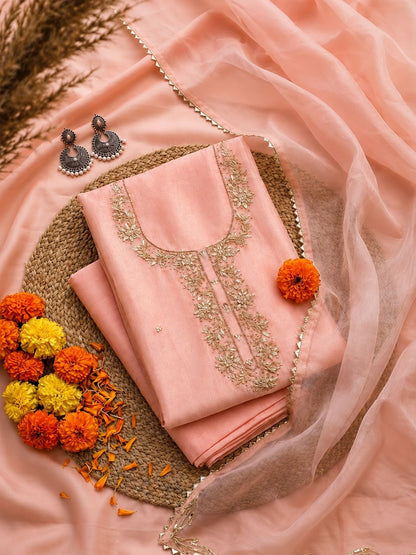 Saanjh Pink Unstitched Suit Set with Handcrafted Zardozi Work