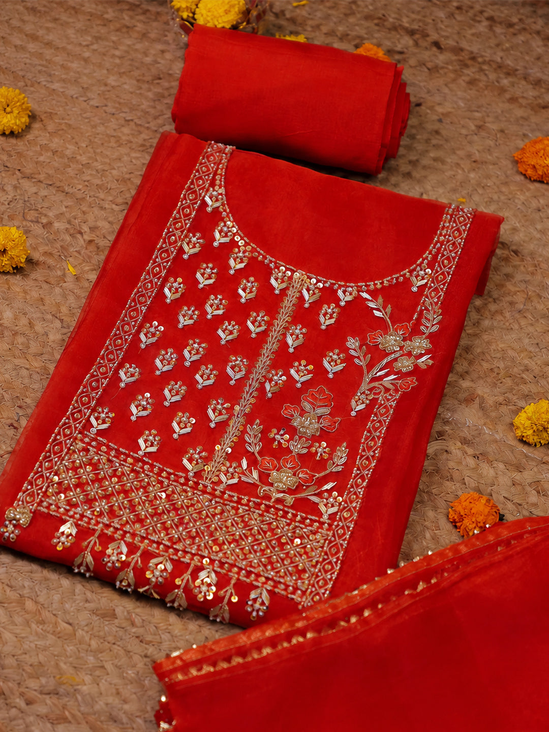 Laal Rang Hand-Embroidered Unstitched Suit Set