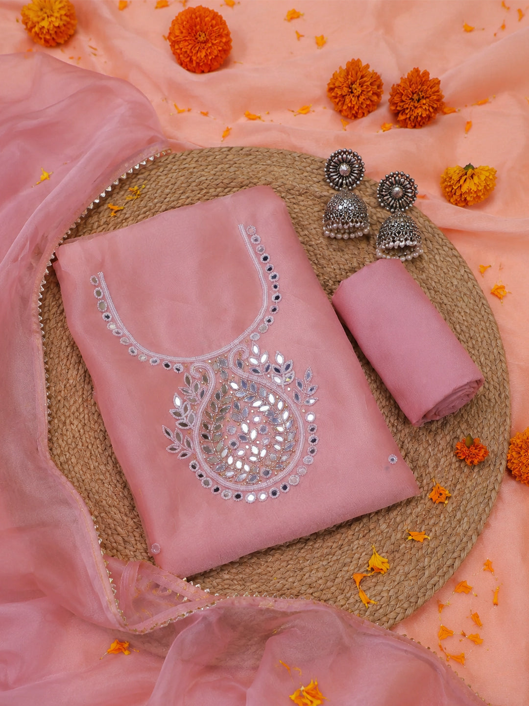 Varnika Pink Sandal Zari & Mirror Suit Set