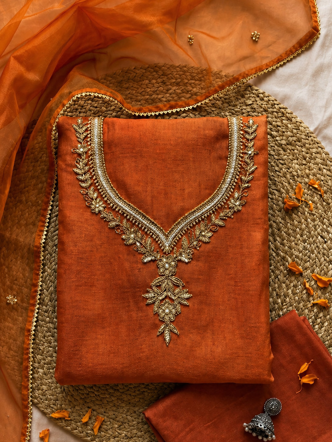 Saffron Glow Hand Embroidered Suit Set with Floral Zardozi & Pearl Detailing