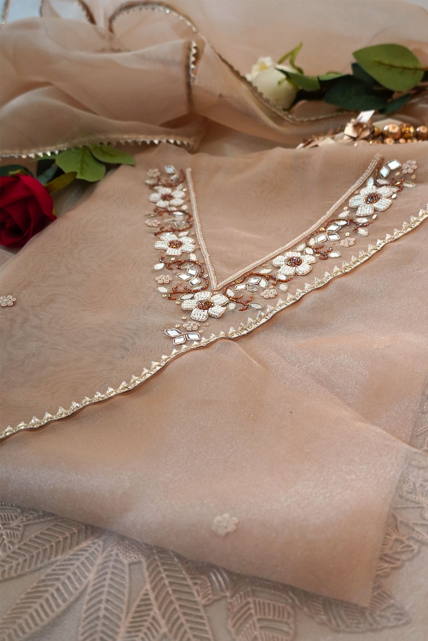 Caramel Pearl Mirror Work Organza Unstitched Suit Set