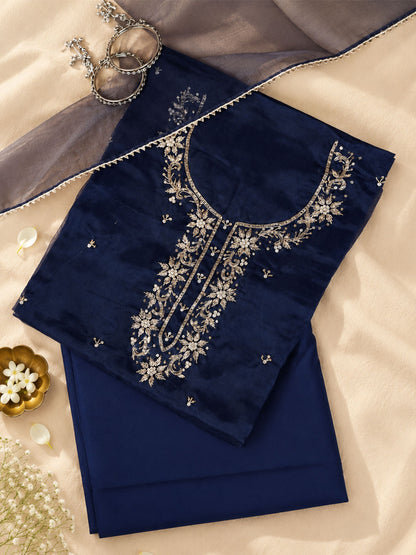 Saanjh Blue Unstitched Suit Set with Handcrafted Zardozi Work