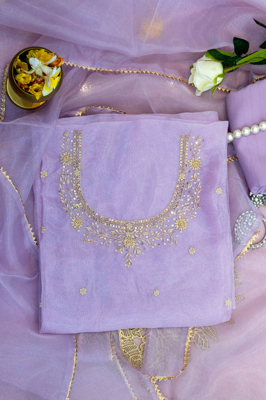 Lavender Unstitched Suit with Handcrafted Zardozi and Pearl Work