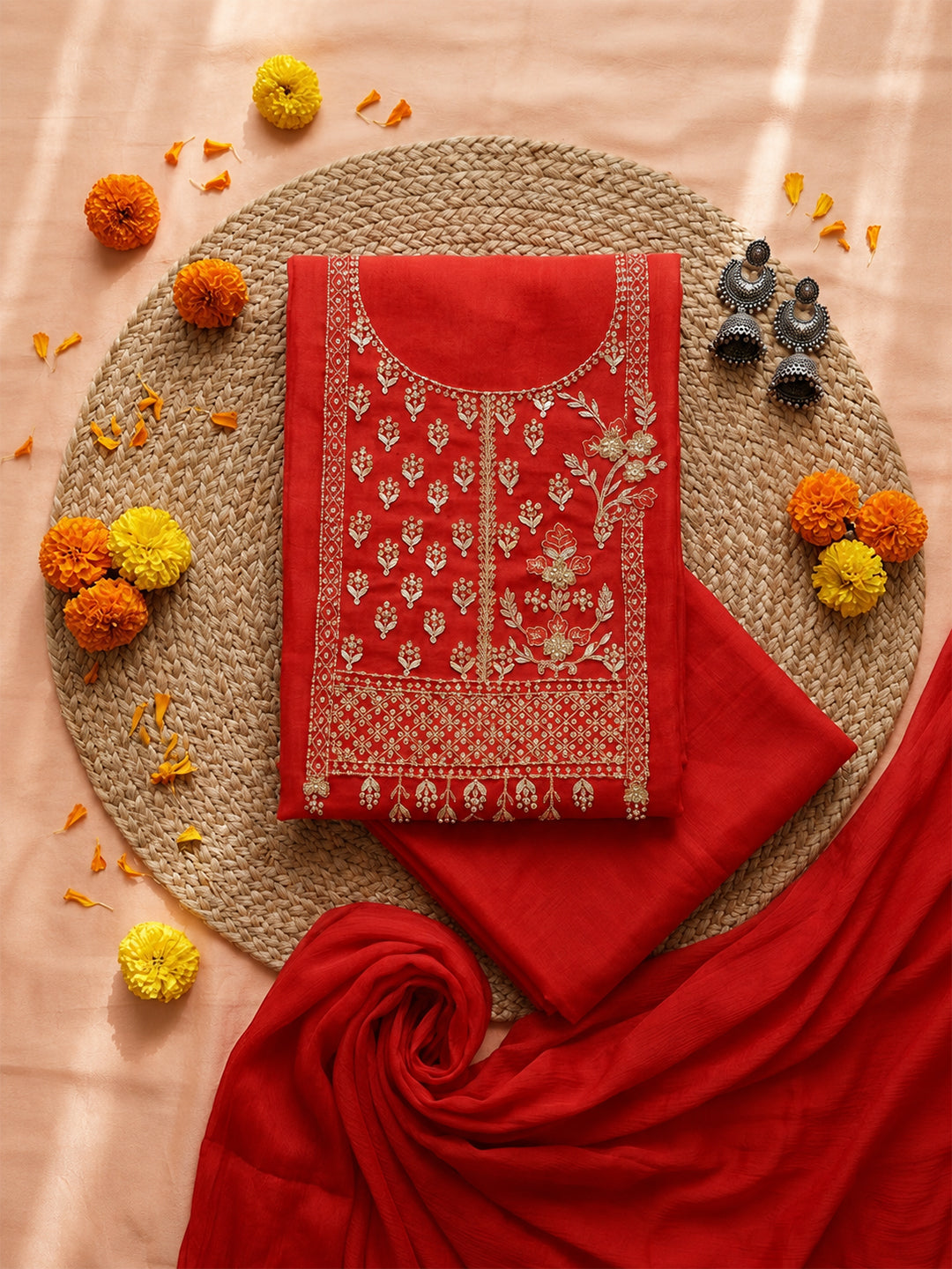Laal Rang Hand-Embroidered Unstitched Suit Set