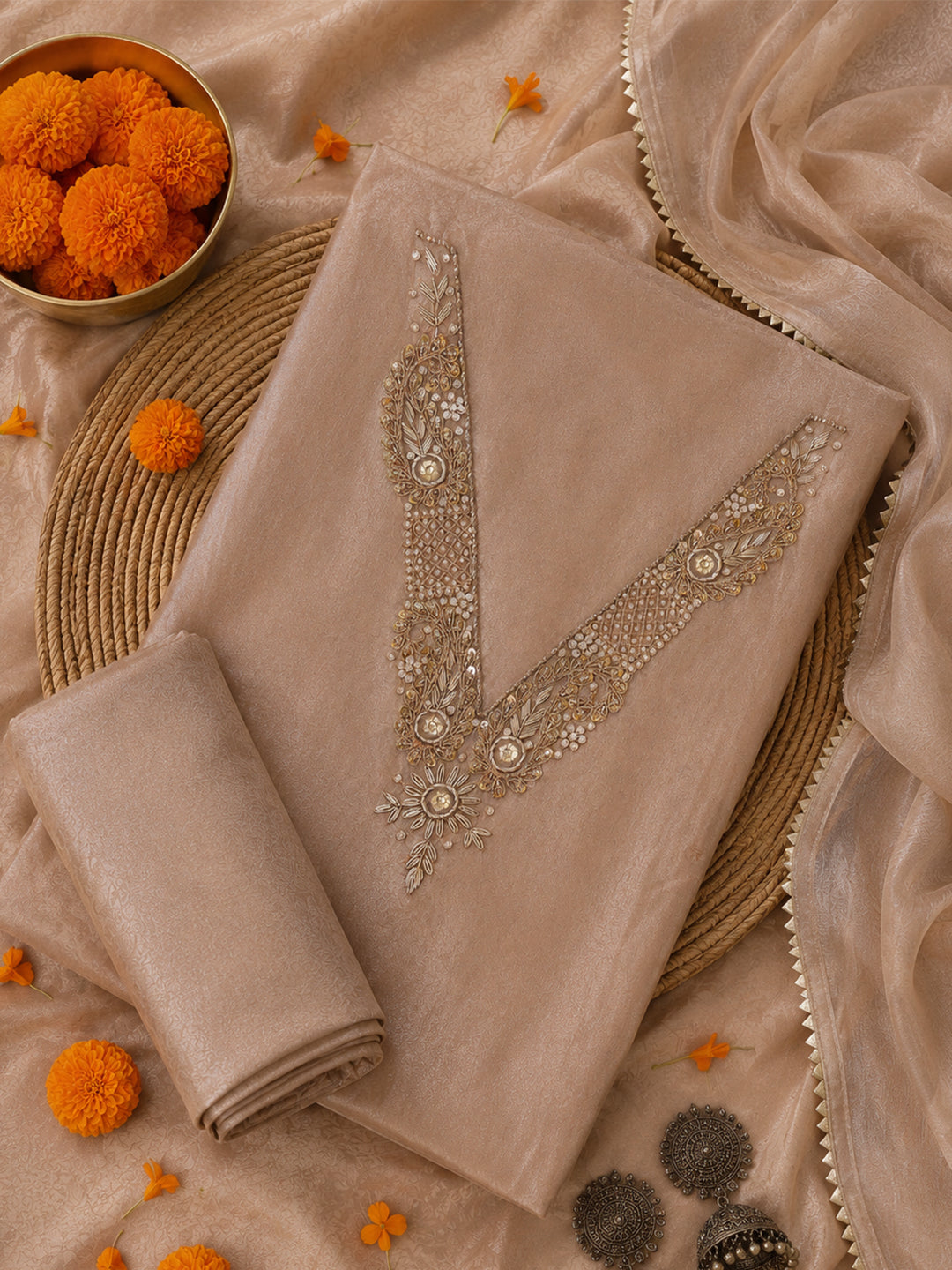 Sharvi Moora Unstitched Suit Set with Handcrafted Zardozi Work