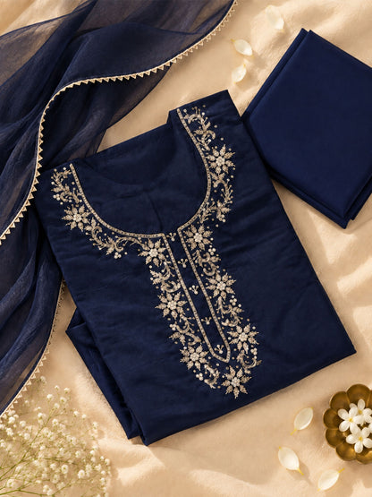 Saanjh Blue Unstitched Suit Set with Handcrafted Zardozi Work