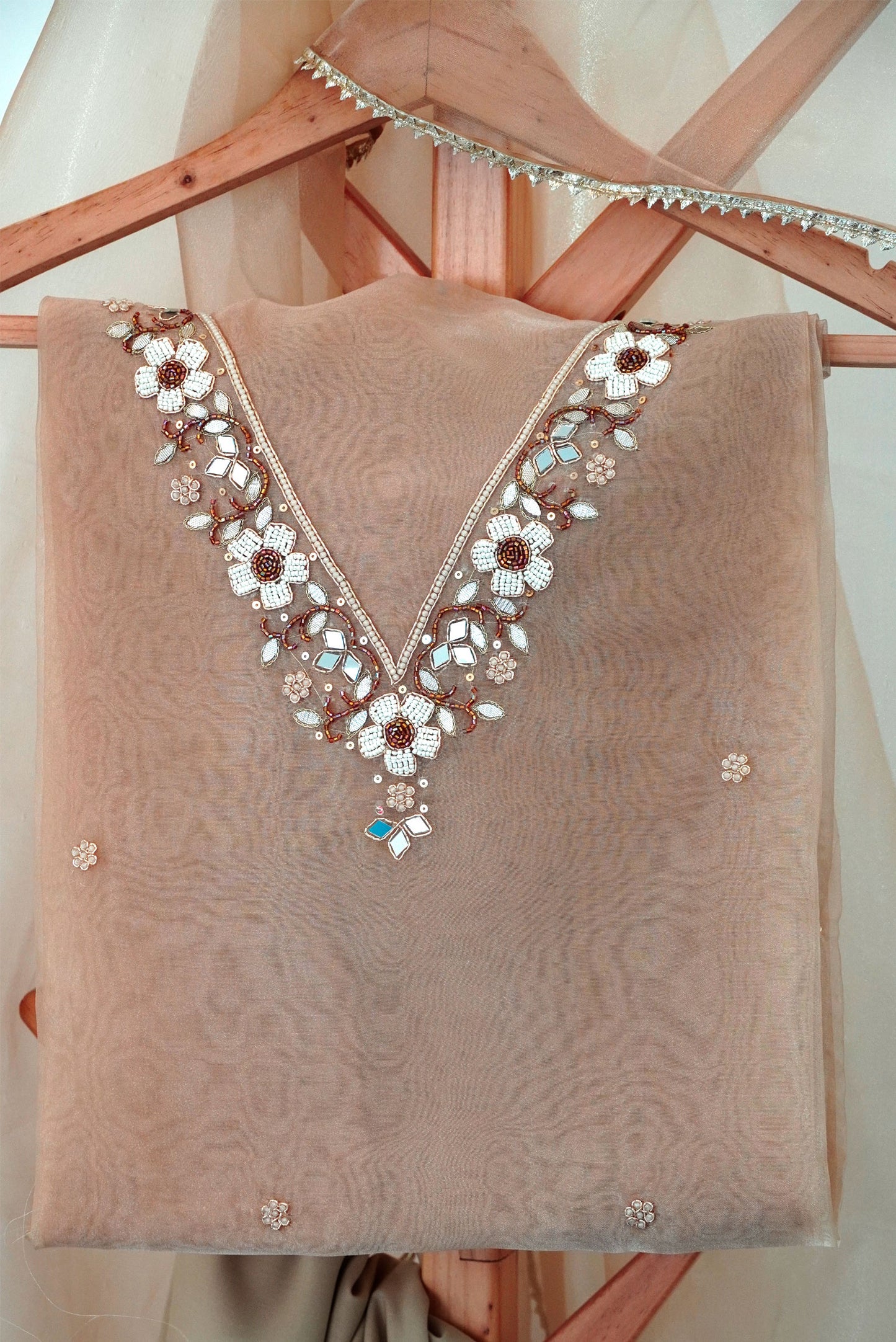 Caramel Pearl Mirror Work Organza Unstitched Suit Set