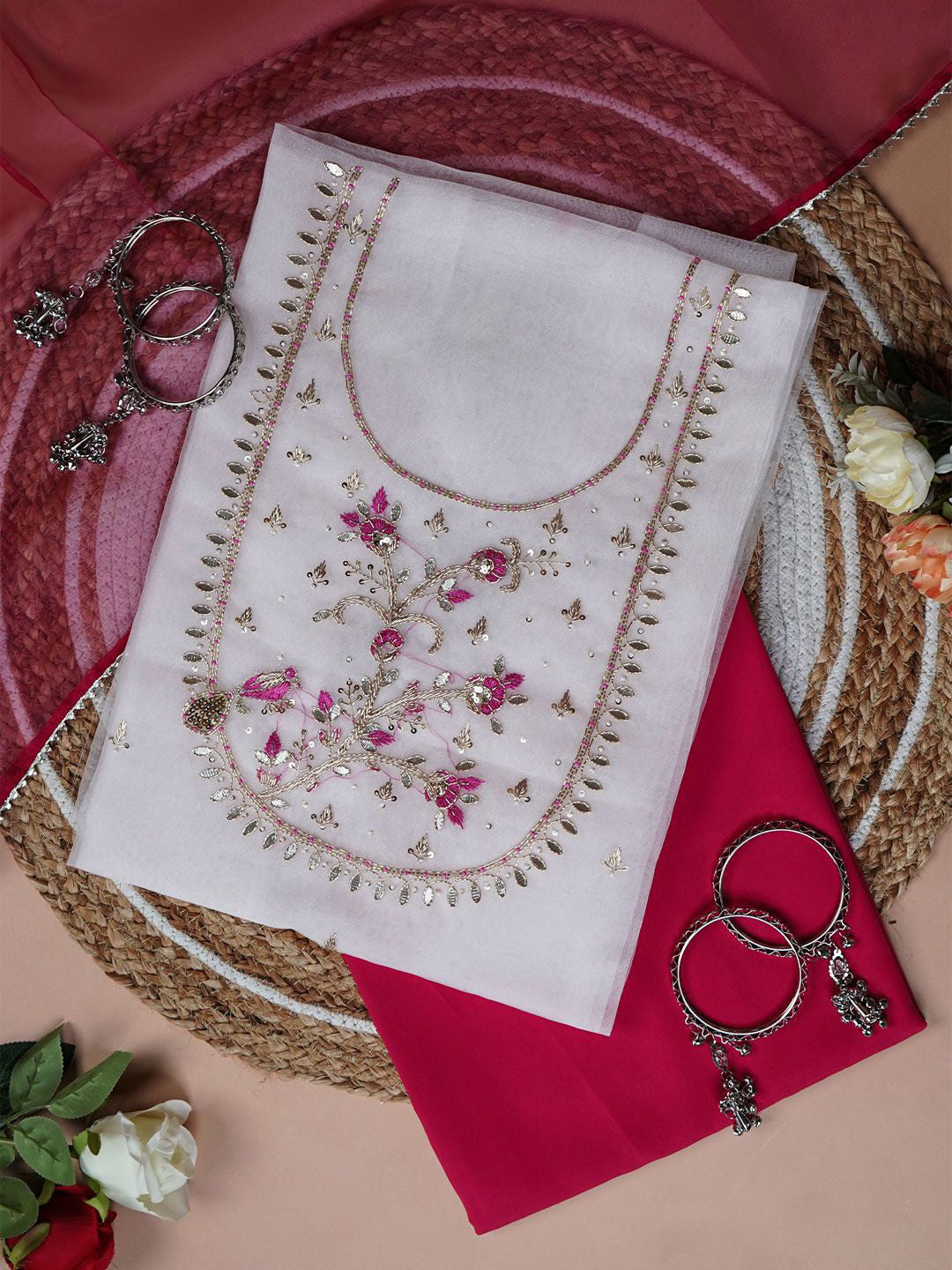 Tavi Rose Blush Zardozi & Sequin Bird Embellished Suit Set