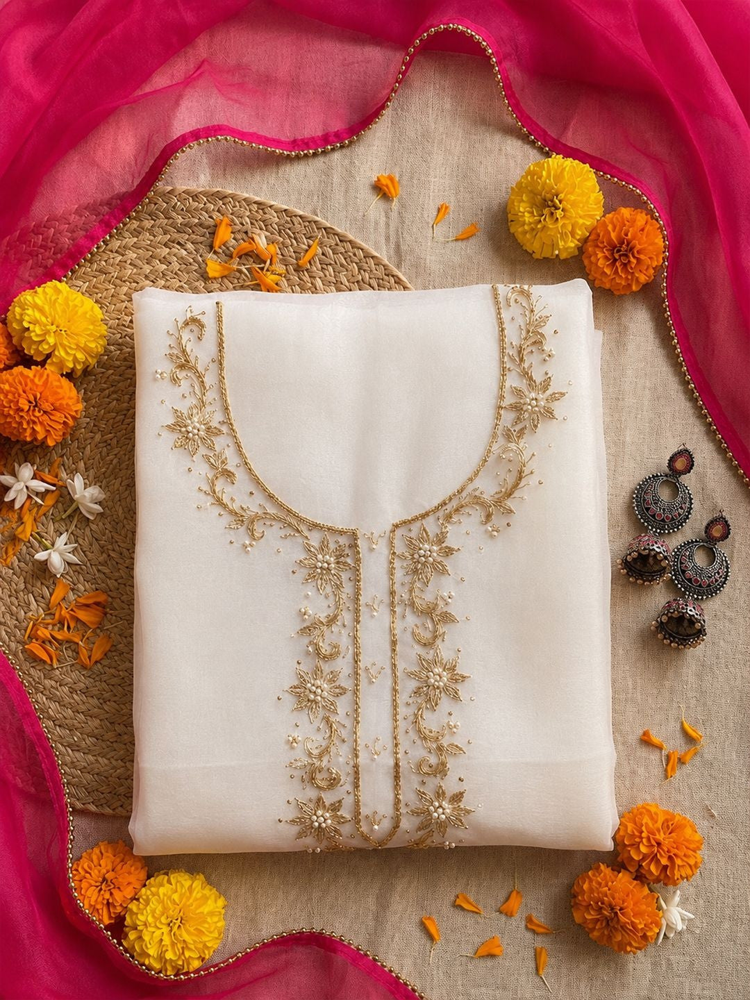 Saanjh Ivory Unstitched Suit Set with Handcrafted Zardozi Work