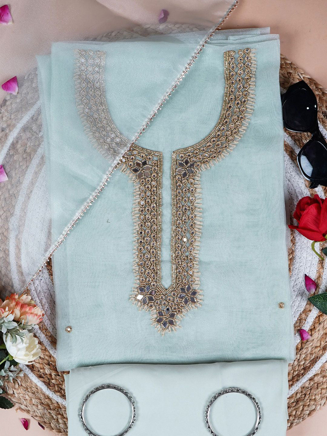 Sage Green Glow Pista Unstitch Suit with Exquisite Mirror Work Heritage Weave