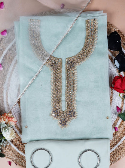 Sage Green Glow Pista Unstitch Suit with Exquisite Mirror Work Heritage Weave