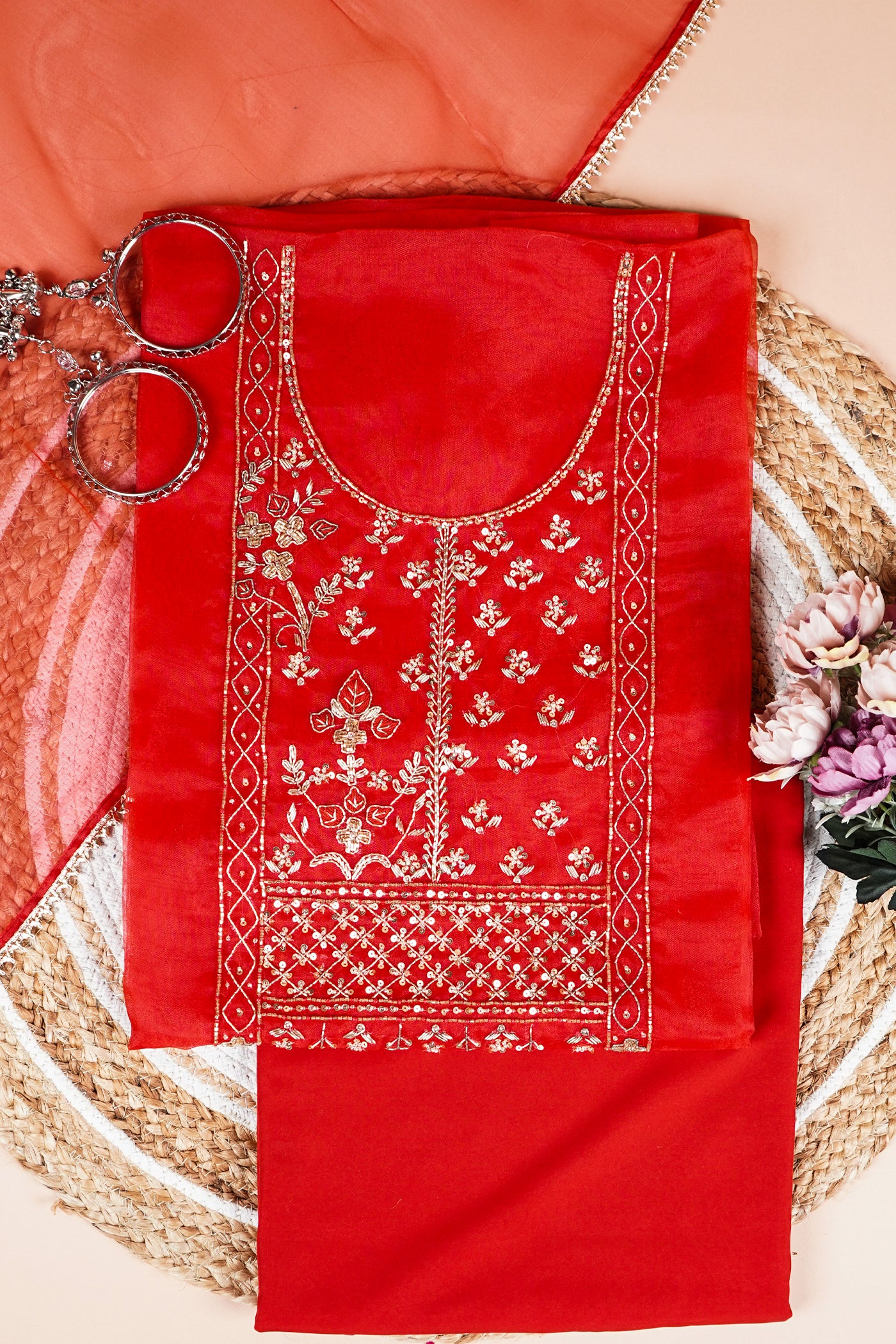 Laal Rang Hand-Embroidered Unstitched Suit Set