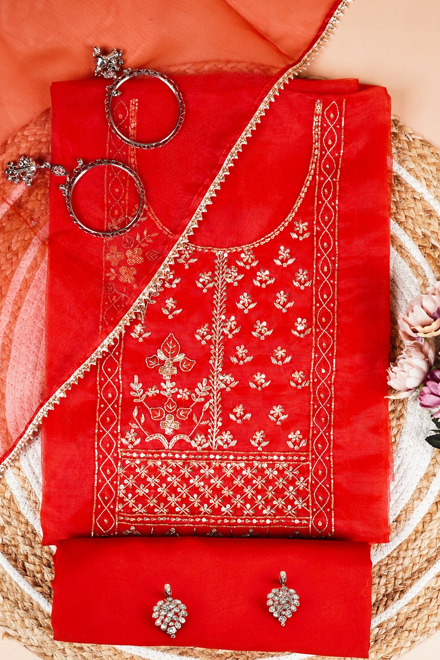 Laal Rang Hand-Embroidered Unstitched Suit Set