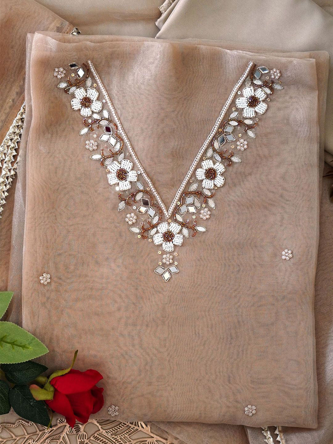 Caramel Pearl Mirror Work Organza Unstitched Suit Set