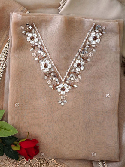Caramel Pearl Mirror Work Organza Unstitched Suit Set