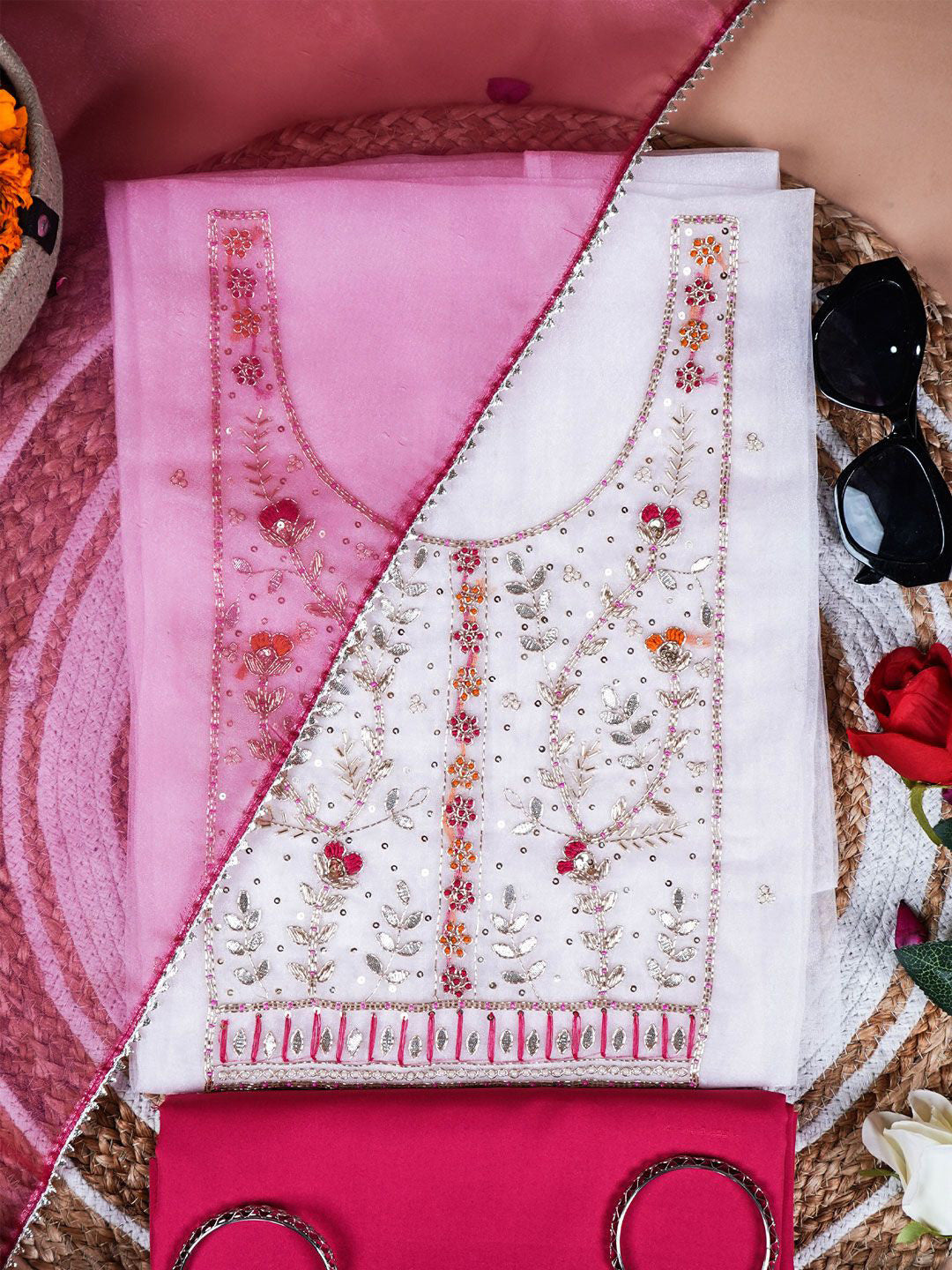 Shubhra Ivory Rose Organza Suit with Gota Zari Work