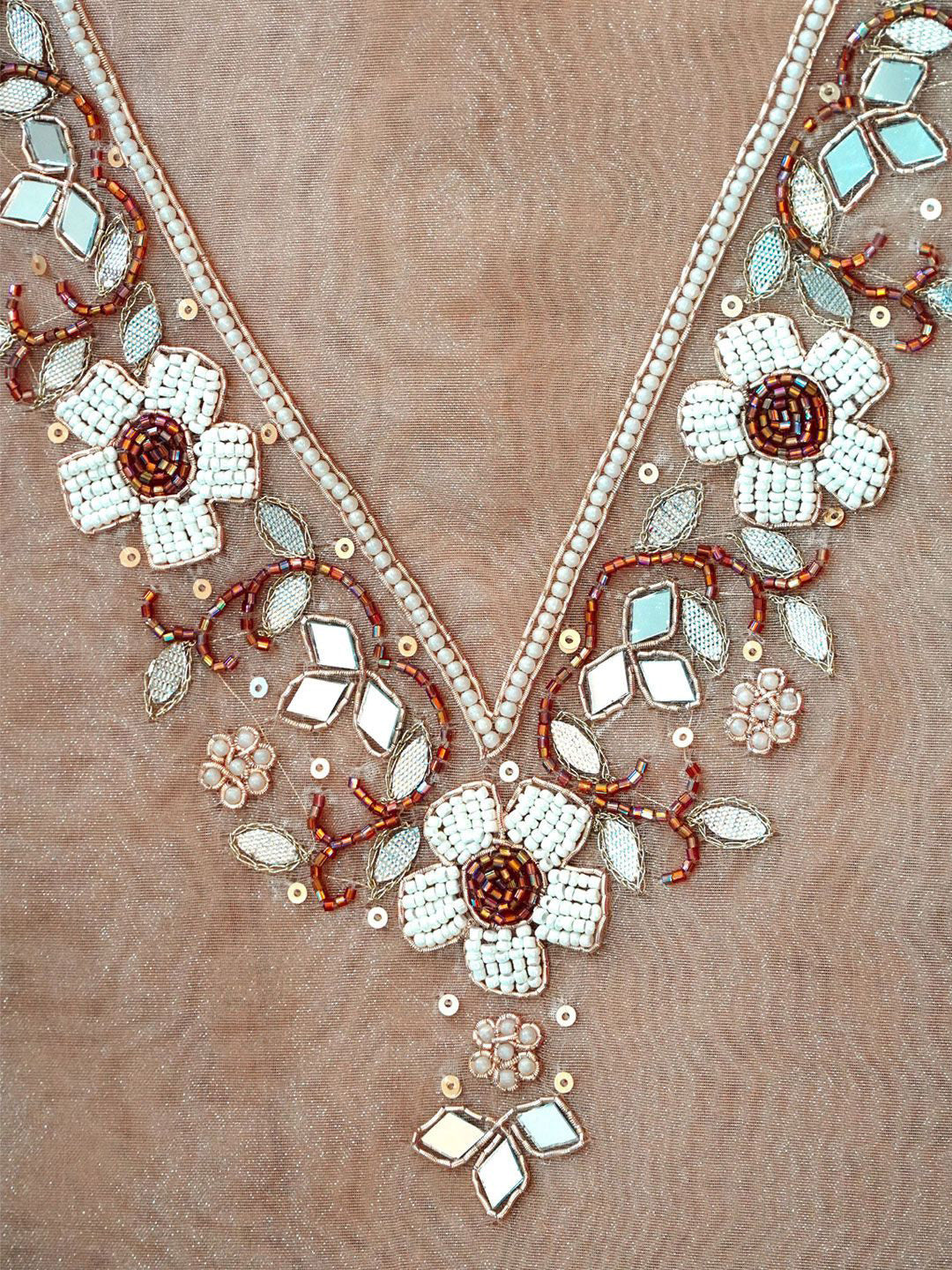 Caramel Pearl Mirror Work Organza Unstitched Suit Set