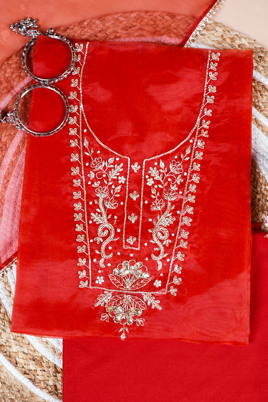 Gulnaar Red Zari Unstitched Suit Set