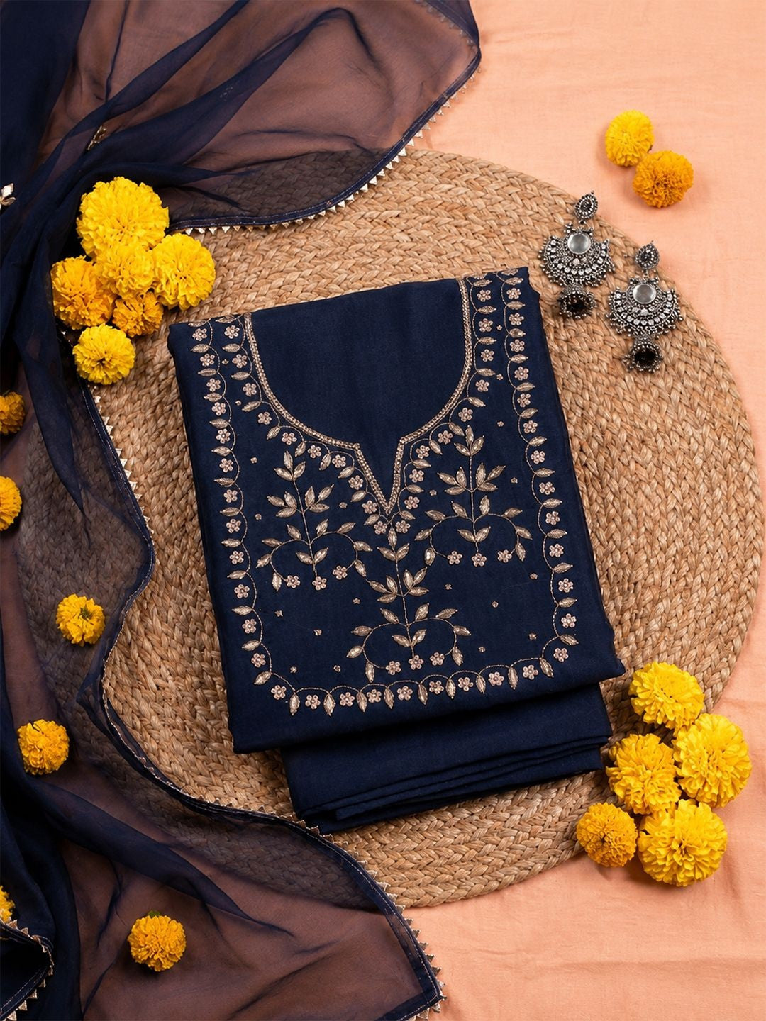 Ink Blue Unstitched Suit with Silver Zari and Sequin Floral Embroidery