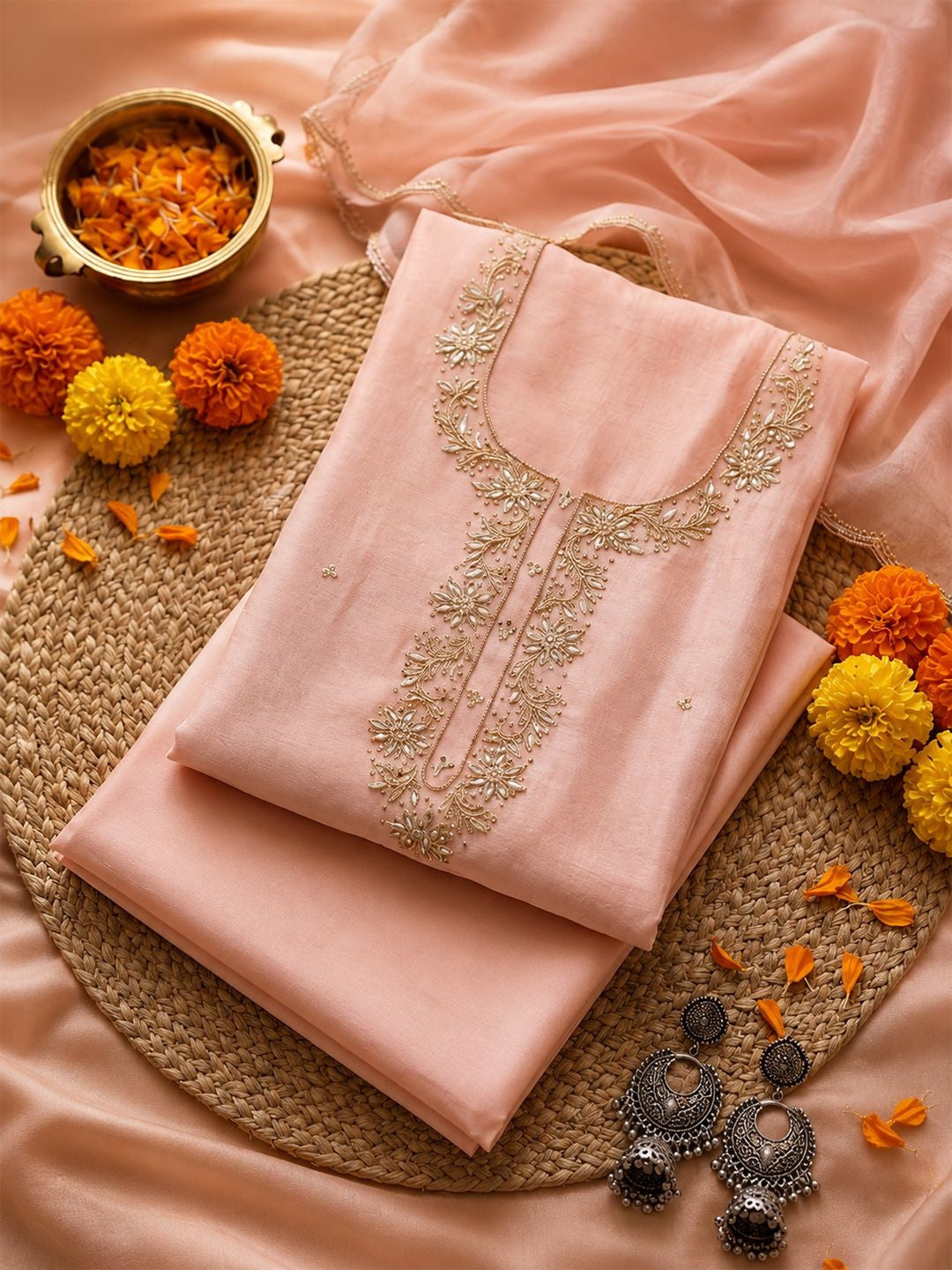Saanjh Pink Unstitched Suit Set with Handcrafted Zardozi Work