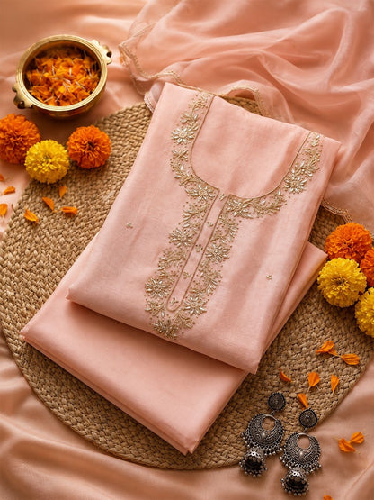 Saanjh Pink Unstitched Suit Set with Handcrafted Zardozi Work