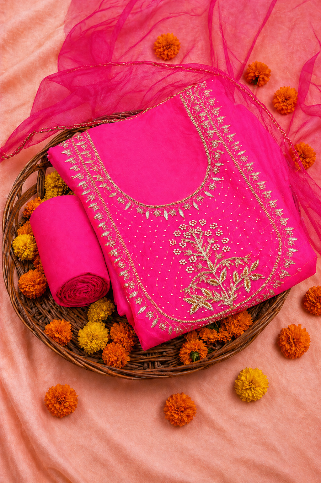 Fuchsia Pink Unstitched Suit Set with Floral Zardozi & Gota Patti Work
