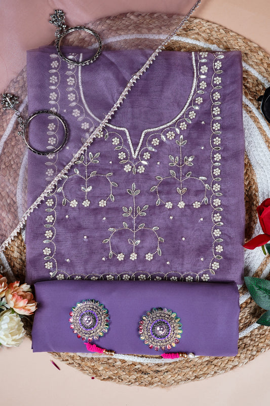 Dusky orchid  Unstitched Suit with Golden Zari and Sequin Floral Embroidery