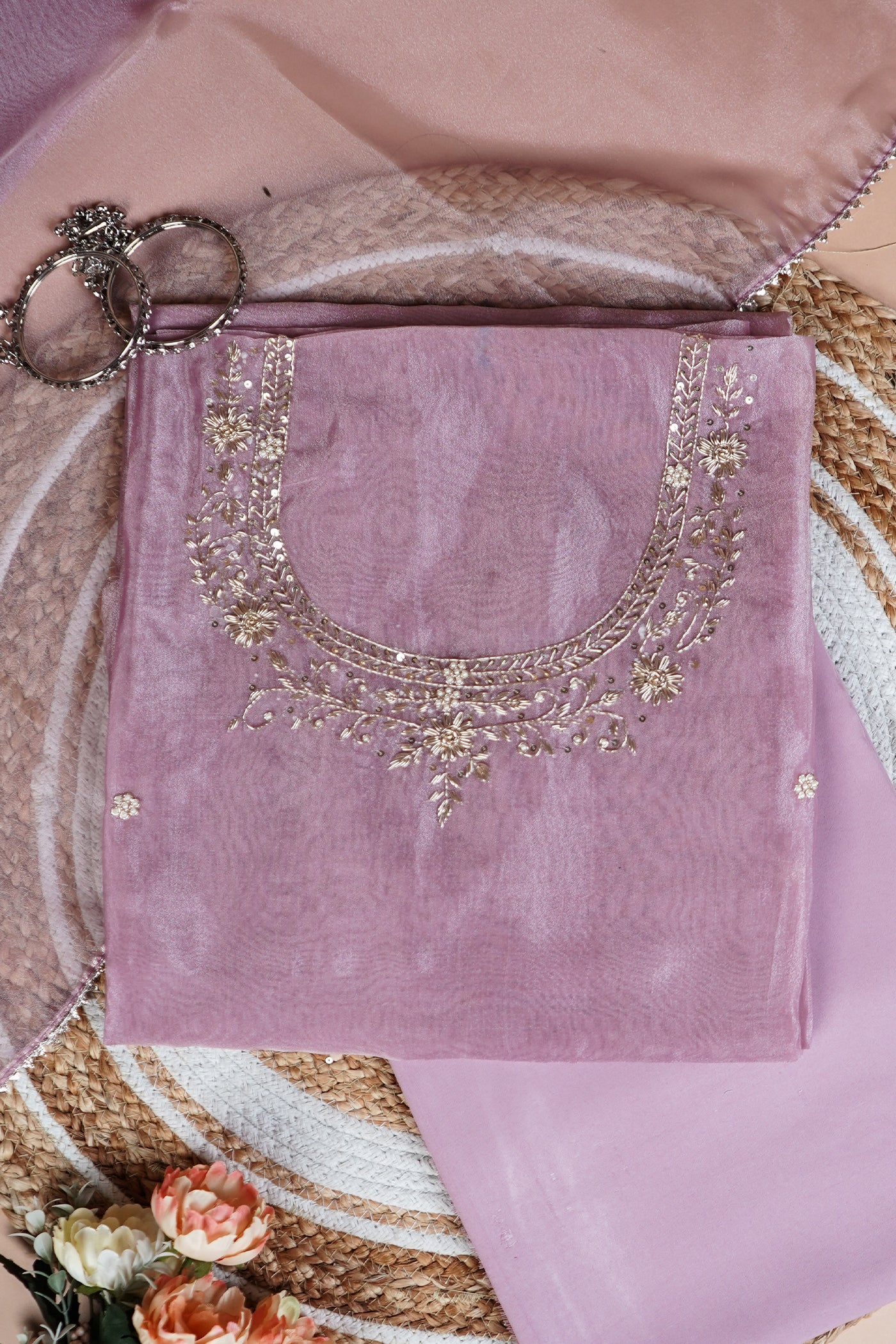 Onion Pink Unstitched Suit with Handcrafted Zardozi  And Pearl Work