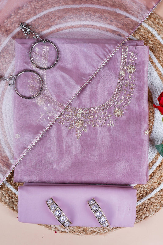Onion Pink Unstitched Suit with Handcrafted Zardozi  And Pearl Work