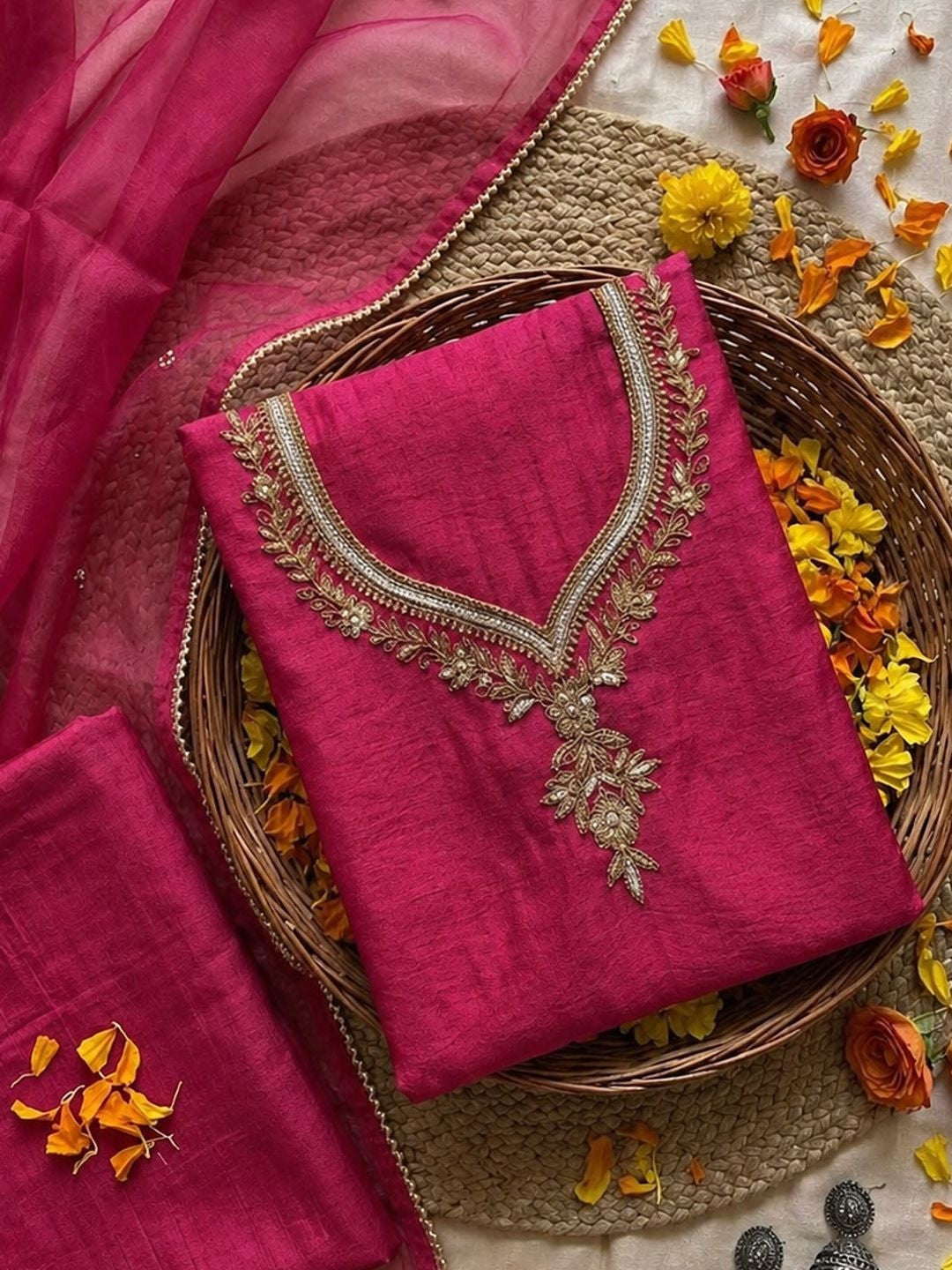 Rani Pink Unstitched Suit Set with Floral Zardozi Work