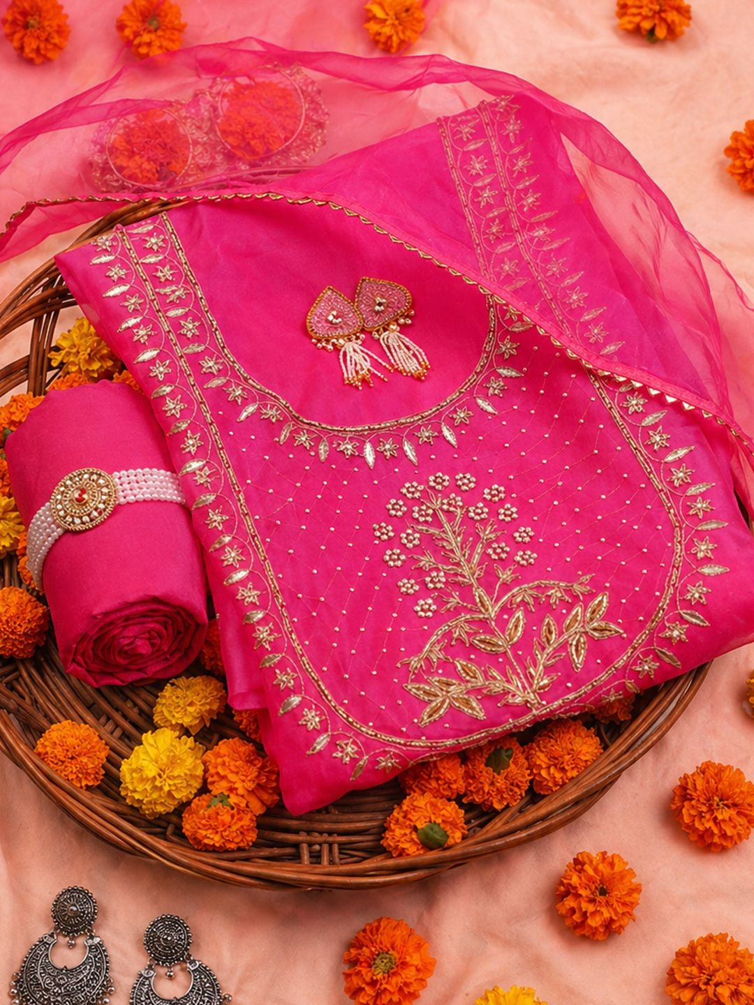 Fuchsia Pink Unstitched Suit Set with Floral Zardozi & Gota Patti Work